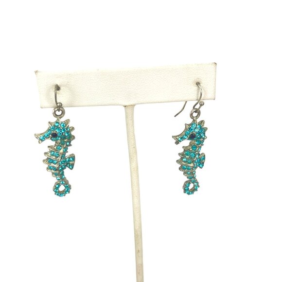 Vintage Seahorse Earrings With Aqua Rhinestones - Picture 3 of 8